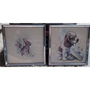 Set 2 Vintage Signed Paul Whitney Hunter Rabbit Cocker Spaniel Dog 5"x 5"